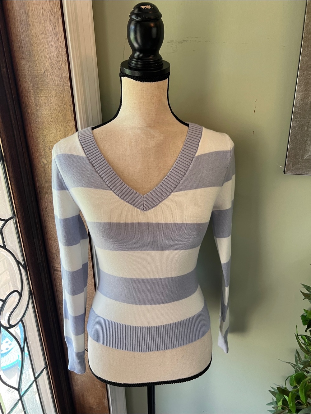 Striped V-Neck Sweater in Light Blue & cream
